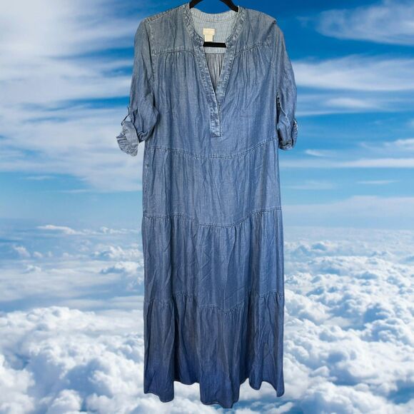 Chicos Dress Womens 1.5 US 10 Maxi Tiered Dress Roll Tab Sleeves w Pockets - Picture 2 of 5